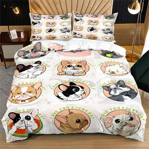 Cartoon French Bulldog Bedding Set, Youth Adult Bedroom Decor Gift, Soft Bedding Sets, Includes 1 Fitted Sheet and 1 or 2 Pillowcases, No Core Included