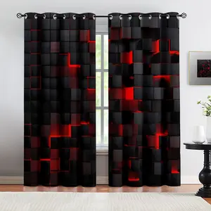 3D Cube Design Curtains, Futuristic Dark Gray and Black with Illuminated Red Accents, Dynamic Tech-Inspired Pattern, Grommet Curtains, Home Decoration Curtain, Perfect for Living Rooms, Bedrooms, and Home Offices, 2-Pack, Easy Care and Machine Washable