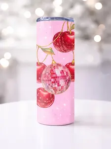 Cherry Disco Ball 20oz Tumbler | Pink Aesthetic Cup with Straw | Coquette Cute Iced Coffee Cup