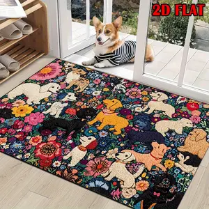 2D Flannel 1pc Washable Entry Mat In Vintage Style Dog And Flower Pattern, Velvet Material For Entry/laundry/living Room, Entry Door Trim, Home Decor