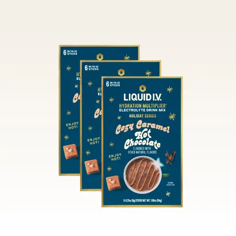 Liquid I.V. Hydration Multiplier - Limited Edition Cozy Caramel Hot Chocolate - Hydration Powder Packets | Electrolyte Powder Drink Mix | Convenient Single-Serving Sticks | 8 Vitamins & Nutrients | 3 Pack (18 Servings)​