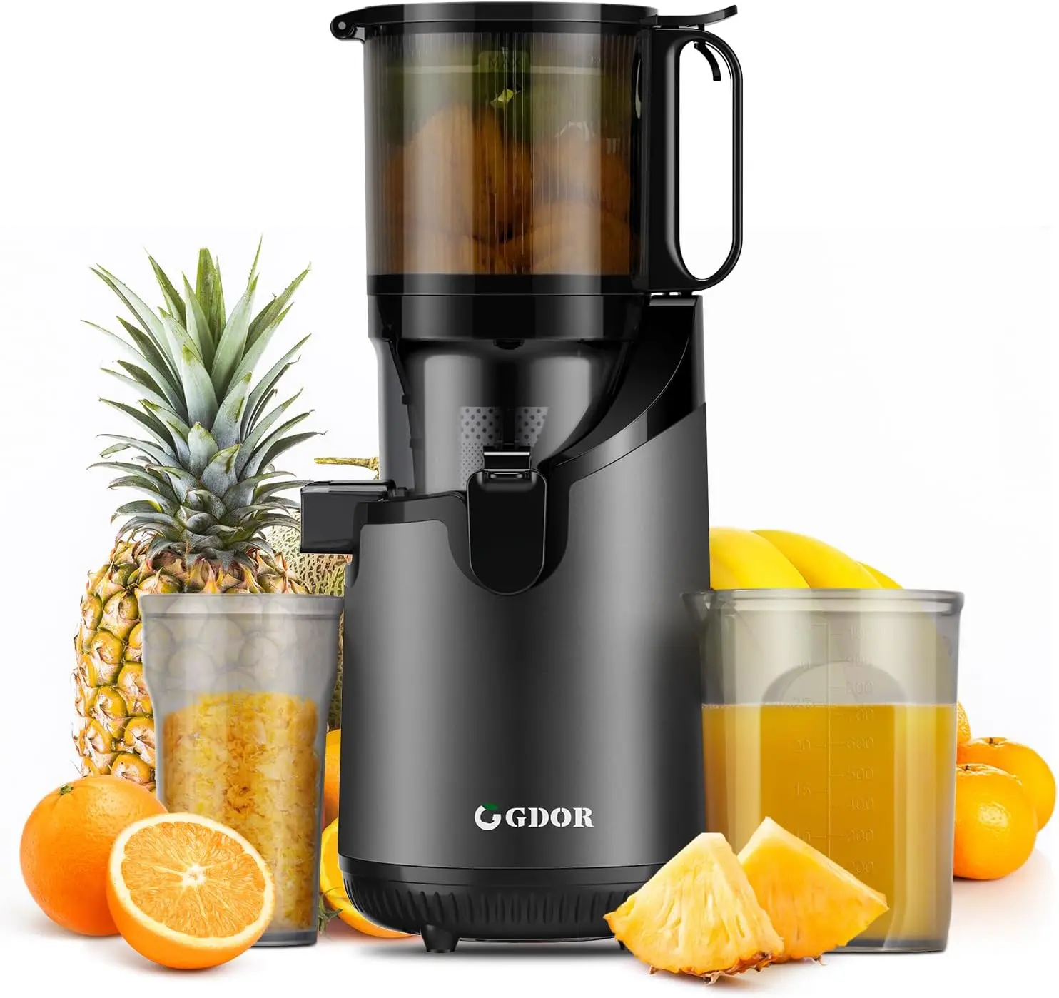 GDOR 5.3" Self-Feeding Cold Press Juicer | Whole Fruits No Cutting | Large Feed Chute | Easy Clean | 250W Slow Squeeze | Gun Grey | Morning Juice or Detox outdoorfun