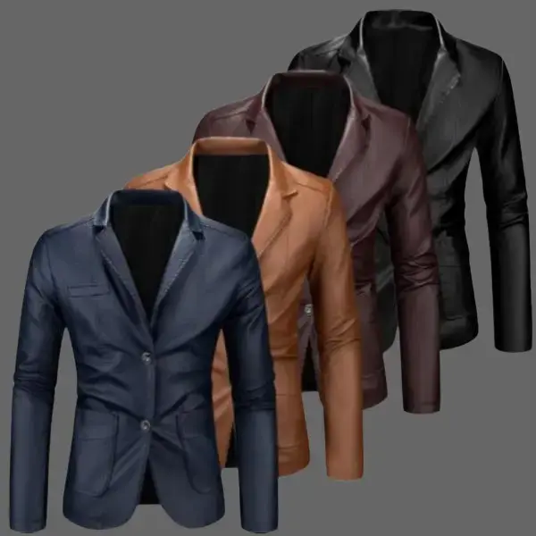Men's Faux Leather Blazer, Plain Long Sleeve Slim-Fit Double Button Jacket for Business Casual Menswear and Commuting, Chic, Polyurethane, Blazer Jacket, All Seasons