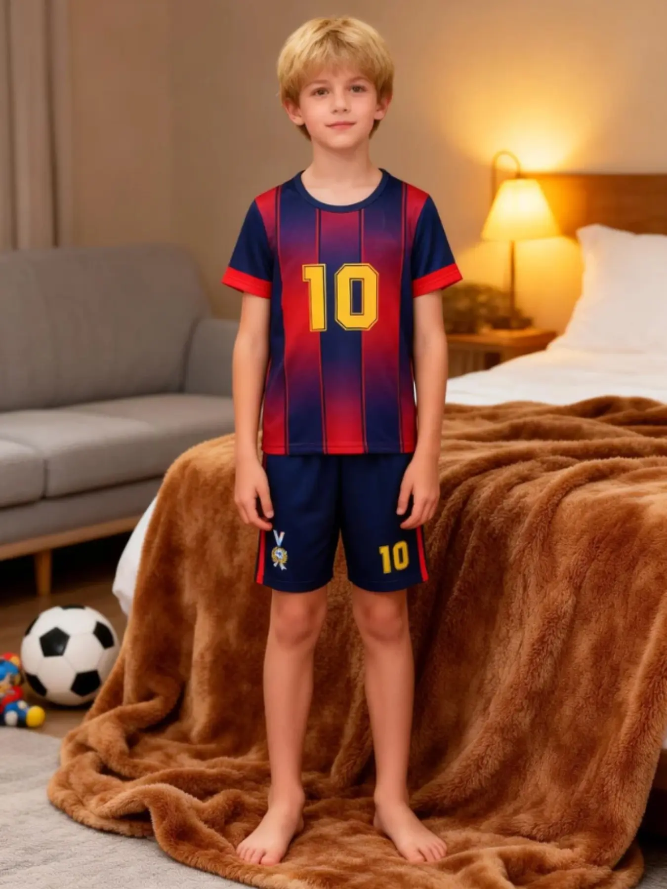 Boys' Short Sleeve Pajama Set, Football Theme, Loose Fit, Elastic Waist Pajamas, Breathable Fabric, Comfortable Sleepwear for Kids, Casual Style