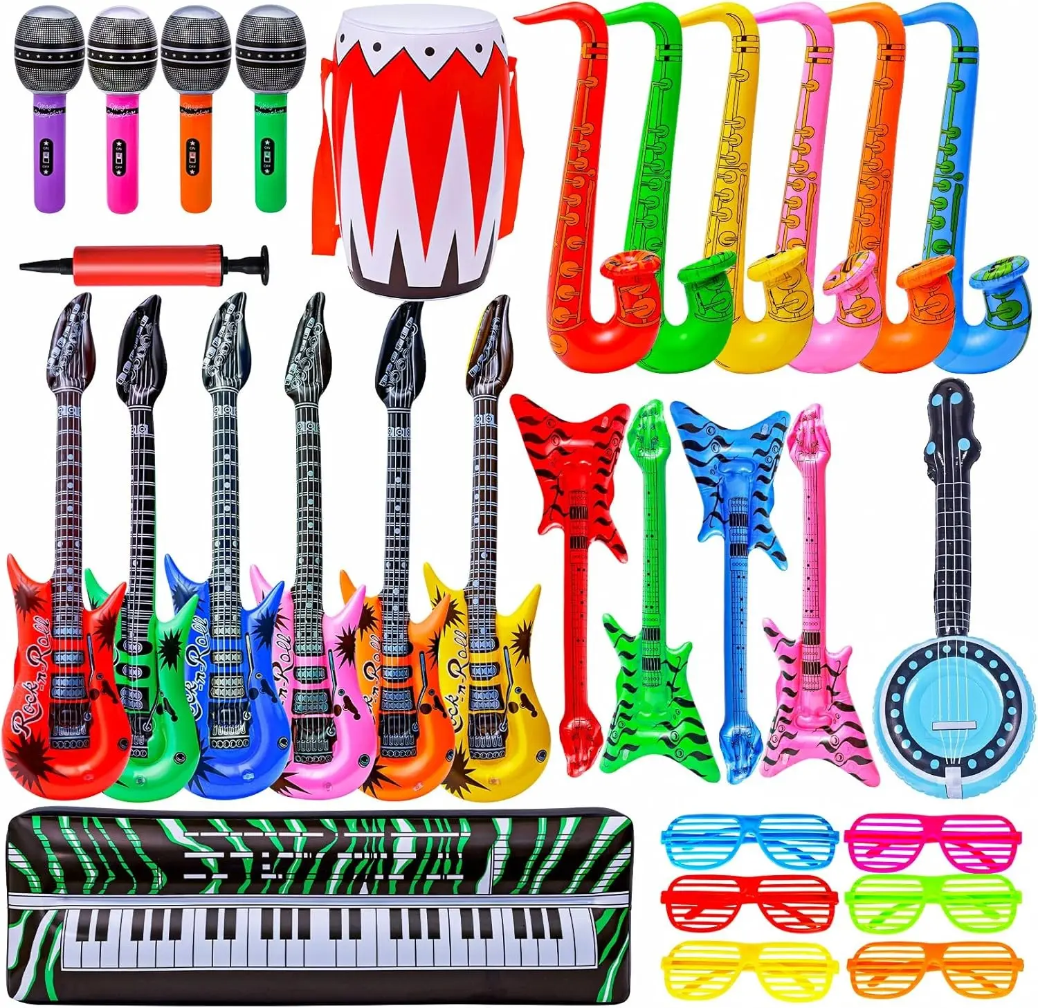 Inflatable Rock Star Toy Set, 30 PCS 80s 90s Party Decorations Inflatable Party Props Musical Instrument Blow up Guitar Inflate Rock Band for Carnival Party Favors Rock and Roll Party Supplies