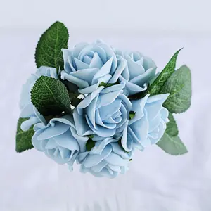 24 Roses Dusty Blue Artificial Foam Flowers With Stem Wire and Leaves 2"