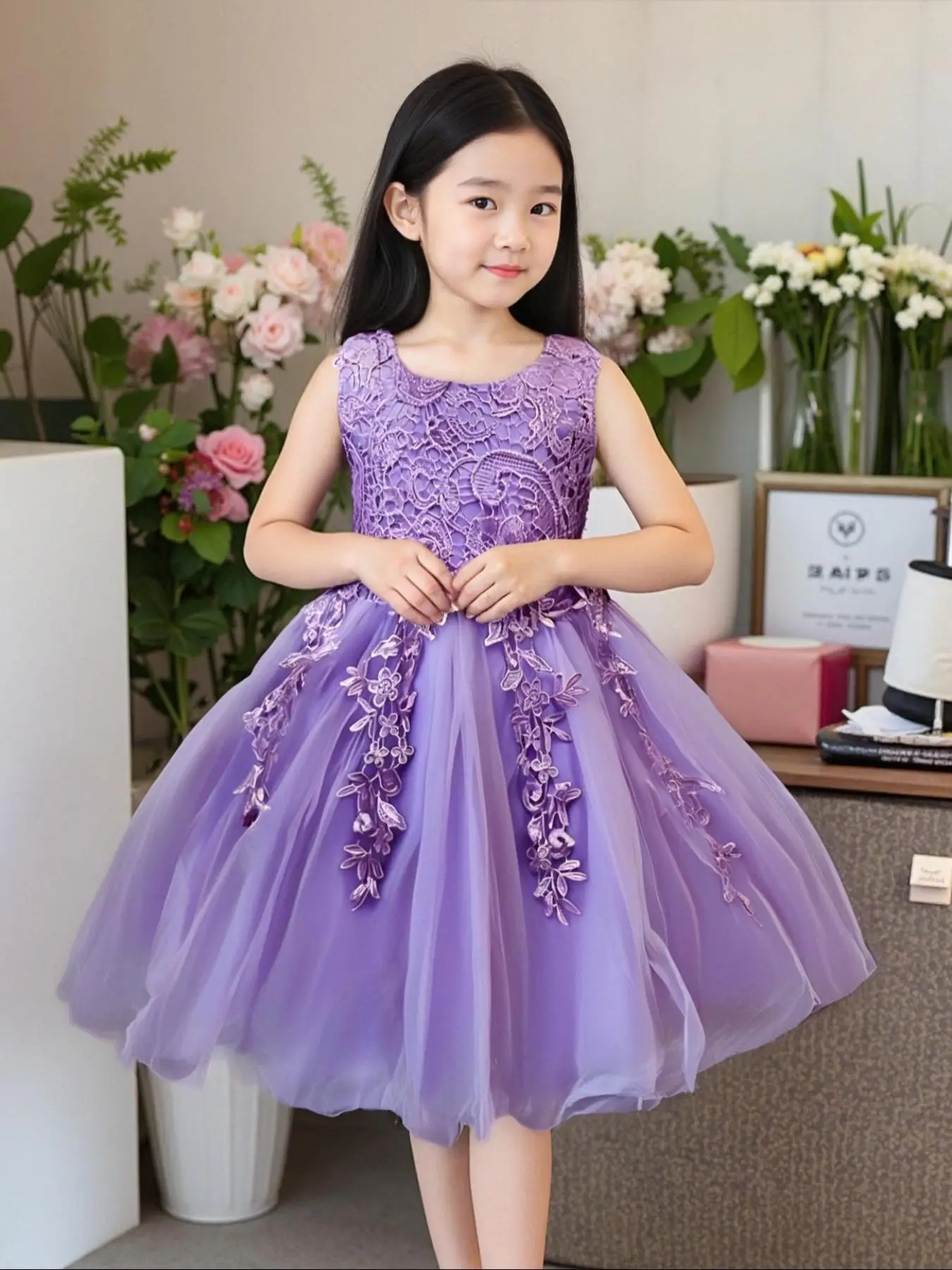 Girl's Appliques Bow Back Tulle Party Dress, Elegant Sleeveless Round Neck Fit & Flare Dress for Party Performance Wedding Guest, Kids Clothes for All