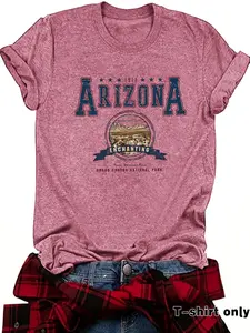 Women's Arizona Print Round Neck Graphic Tee, Vintage Trendy Casual Short Sleeve T-shirt for Daily Wear, Ladies Summer Outfit, Top