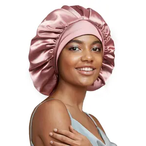 22 Momme  Real Mulberry Silk Bonnet for Sleeping Women, Large Hair Care Bonnet for Long Curly Hair, Double Layer Silk Wrap with Soft Elastic Band, Non-Slip Sleep Cap, Pink