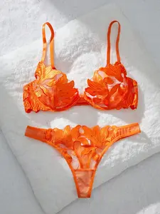 2pcs Maple Leaf Embroidery Mesh Lingerie Set For Women