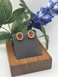 Oval Orange Zircon Crystal Halo Stud Earrings – 14K Gold Tone