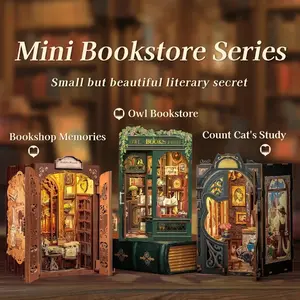 DIY Book Nook Bookshop Kit Miniature Figurines Wooden Dollhouse with Light Bookshelf Insert 3D Puzzle Decor Gift Owl Bookstore