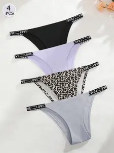 4-Piece Women's No Show Triangle Underwear Set, Comfortable Letter Straps, Fit, Seamless Patchwork Panties for All-Day Wear, Ladies' Essentials