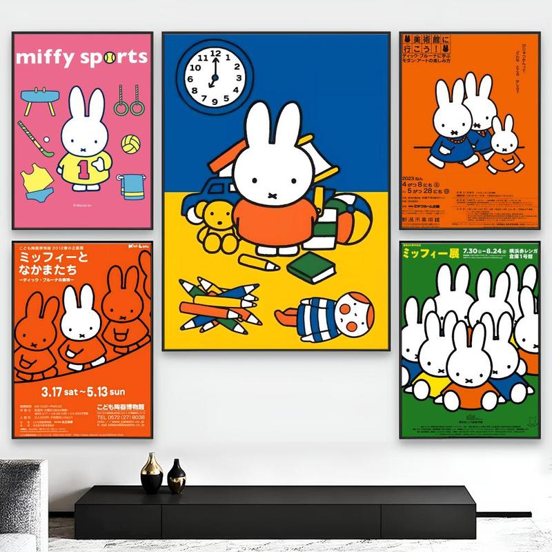 Cartoon Cute White Rabbit M-Miffy Poster Sticky Waterproof Wall Art High Quality Print Aesthetic Home Living Bedroom Decor Trendy Room Decoration Easy-To-Apply Gift Durable