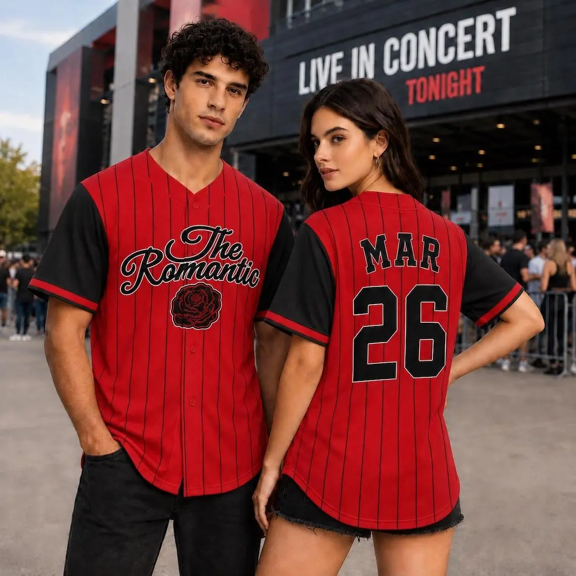 Red Rose Baseball Jersey, Romantic Concert Shirt, Button Down Festival Outfit, Music Fan Apparel