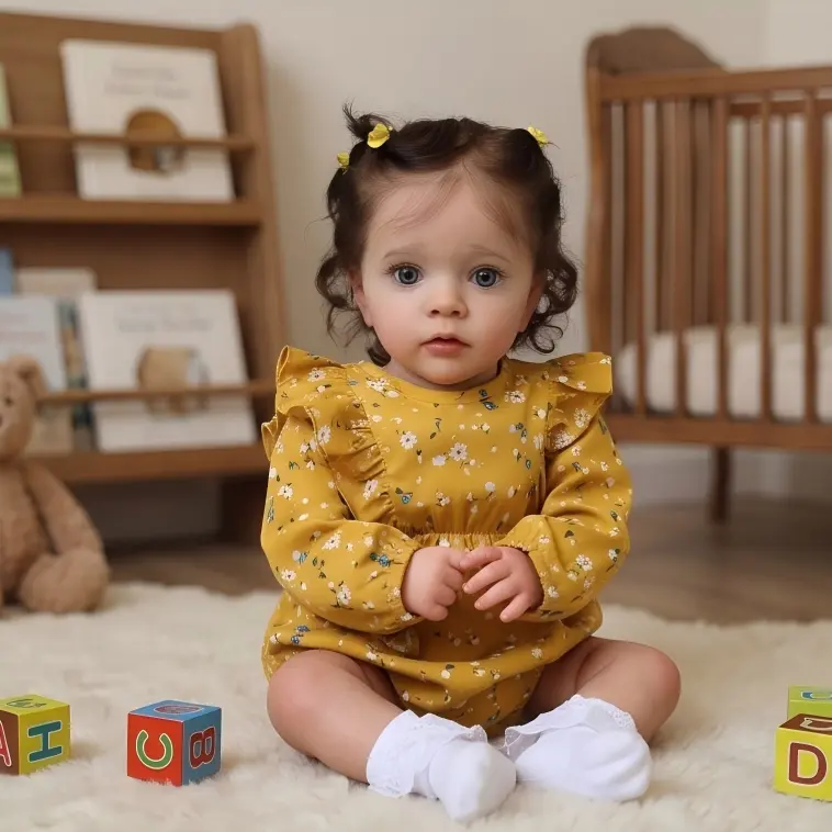 Realistic Reborn Baby Doll Girl with Yellow Floral Dress, 3D Painted Skin, Flexible Handmade Realistic Cute Reborn Doll, Halloween Gift, Christmas Gift,Lifelike Blue Eyes & Soft Body, Perfect Gift for Kids 3+ And Collectors,Dolls.