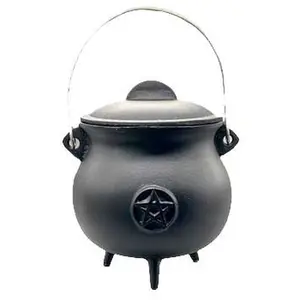Pentagram Cast Iron Cauldron 8 Inch with Lid — Large Wiccan Altar Cauldron