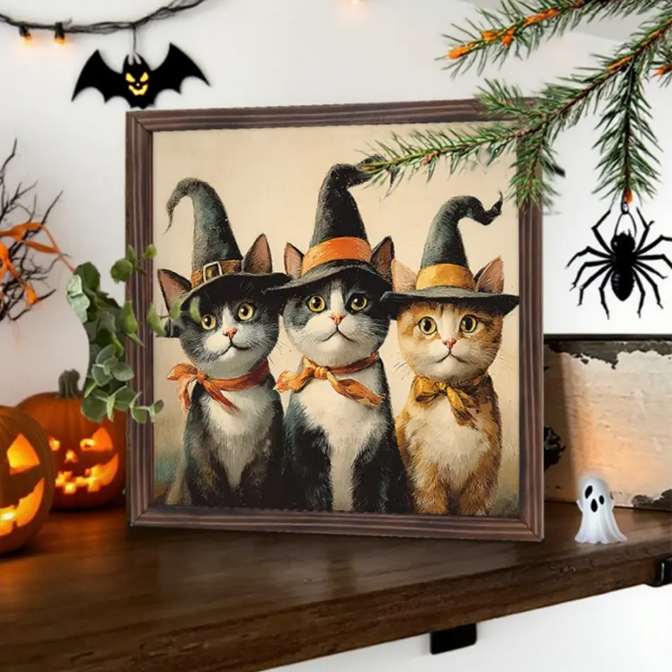 Wooden Photo Frame Wall Decor, Witch Cat Halloween Decoration, No Nails Needed, Includes Tape, Room & Desktop Ornament
