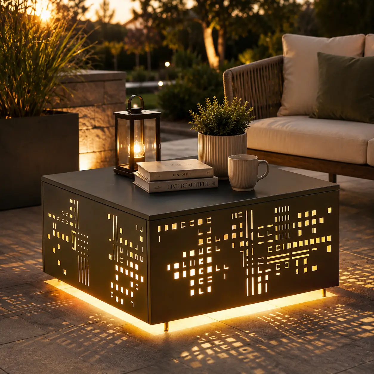 CAODOC Solar Powered Outdoor Coffee Table, Steel Metal Patio Table with Umbrella Hole, Warm LED Light, Decorative Cutout Pattern, IP44 Waterproof Garden Tea Table with Adjustable Feet for Deck, Balcony, Backyard