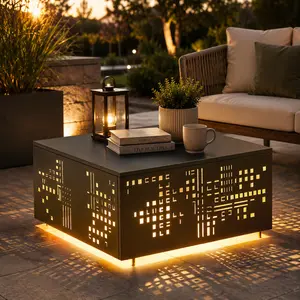 CAODOC Solar Powered Outdoor Coffee Table, Steel Metal Patio Table with Umbrella Hole, Warm LED Light, Decorative Cutout Pattern, IP44 Waterproof Garden Tea Table with Adjustable Feet for Deck, Balcony, Backyard