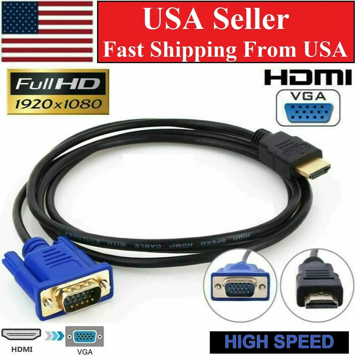 6FT HDMI to VGA Cable - Male to Male Digital Video Accessory, 1080P HD Adapter for PC, LCD Monitor, DVD Device