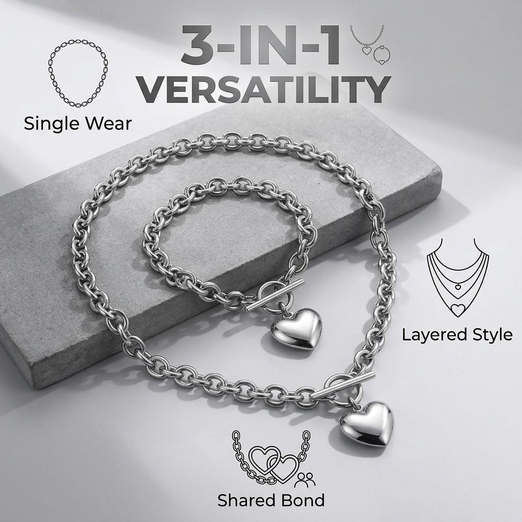 Women's Stainless Steel Heart-Shaped Delicate Pendant Necklace, Necklace and Bracelet Set, Clasp Closure, 8-inch Bracelet, 18-inch Necklace, Fade-Resistant and Durable, Comes with a Gift Box