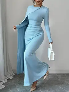 Simenual Women's Chic Polyester Round Neck Ruched Long-Sleeve Maxi Dress - Lady's Minimalist Basic Formal Wear for Wedding Guests, Formal Occasions