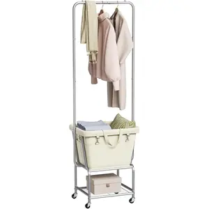 Laundry Cart with Rack, Rolling Laundry Hamper with Wheels, Laundry Basket with Removable Liner Bag and Shelf, Sturdy Frame Dirty Clothes Basket for Hotel, Home, Closet, Dorm