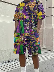 Men's summer New Orleans Mardi Gras short-sleeved shirt and shorts set, brimming with the vibrant Louisiana carnival atmosphere and street art vibes, a trendy vacation look, and the perfect holiday gift for men.
