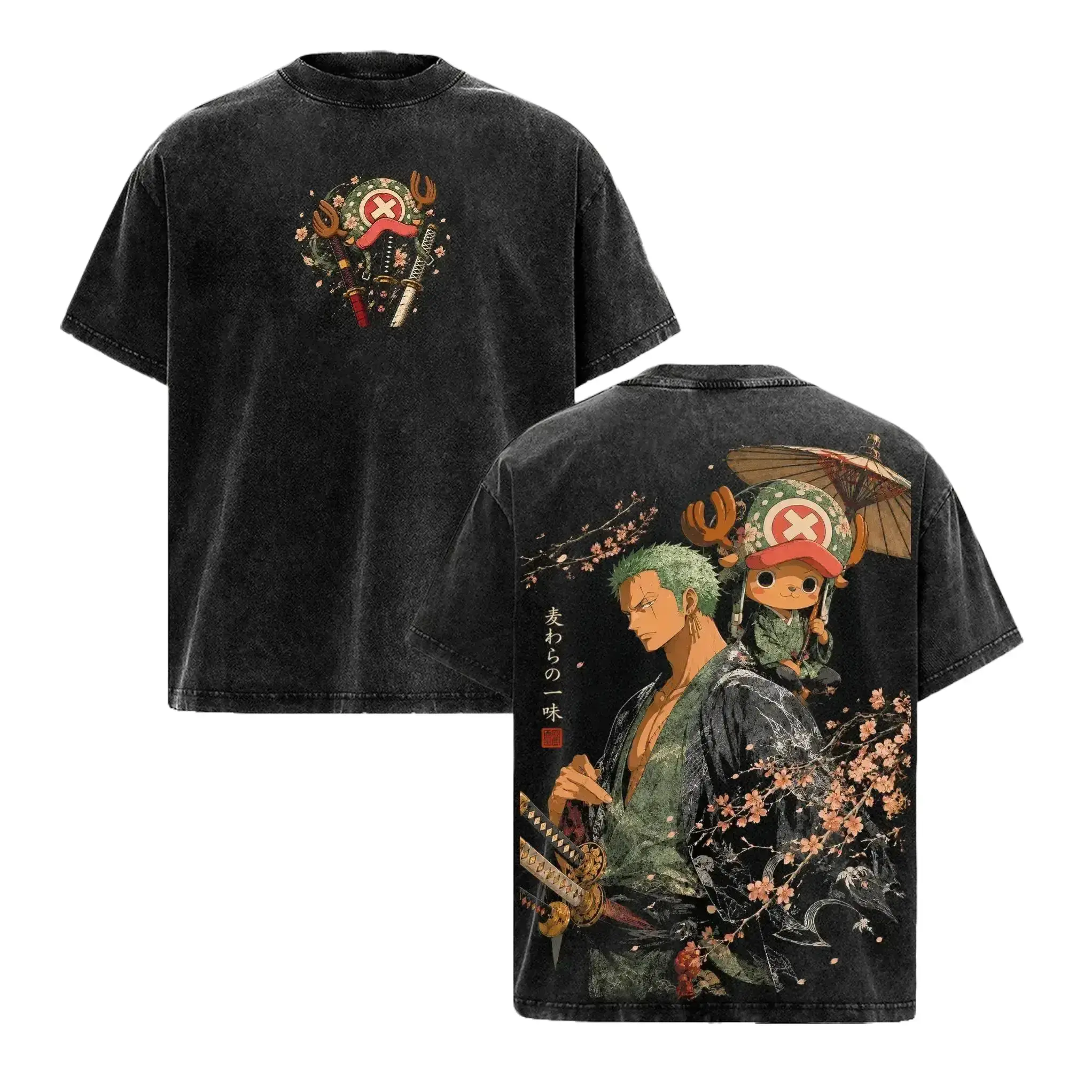 Zoro & Chopper Heavyweight Graphic T-Shirt Oversized Vintage Washed Anime Streetwear for Men Retro Japanese Manga Fan Gift Y2K Casual Cotton Tee Wano Country Harajuku Clothing Double-Sided Print Short Sleeve Summer Tops Otaku Apparel Anime Merch Tees