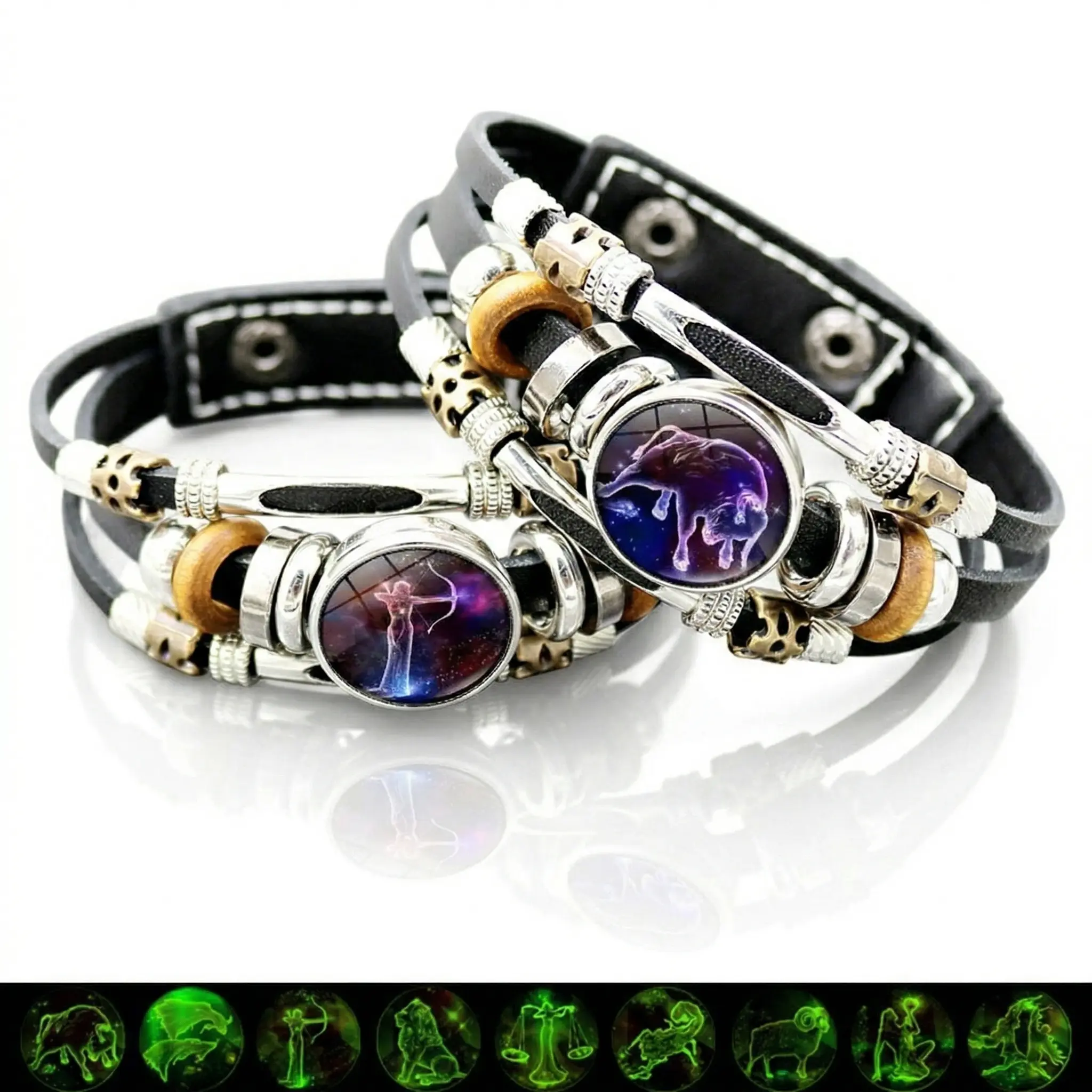 12 Signs Zodiac Leather Bracelet for Men Women,(6.9in/8.1in) Glow in the Dark Astrology Horoscope Bangle, Gift Jewelry