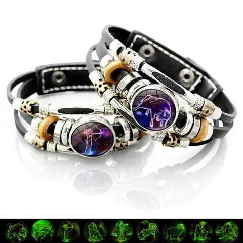 Nandudu 12 Zodiac Signs Glow in the Dark Leather Bracelet for Men Women,(6.9in/8.1in)  Astrology Horoscope Bangle, Gift Jewelry