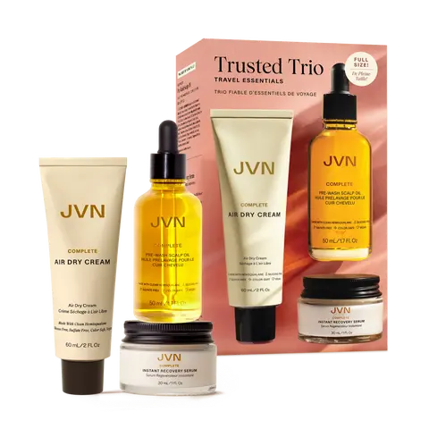 JVN Trusted Trio Travel Essentials - 3-Piece Hair Care Set with Air Dry Cream, Heat Protectant Serum, & Full Size Scalp Oil - Frizz Control & Strength for All Hair Types