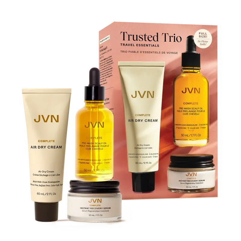 JVN Trusted Trio Travel Essentials - 3-Piece Hair Care Set with Air Dry Cream, Heat Protectant Serum, & Full Size Scalp Oil - Frizz Control & Strength for All Hair Types