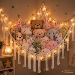 Stuffed Animal Hammock Corner with Free Star Lights Handwoven Cotton Large Plushie Net Toy Hammock with Wooden Rings Boho Stuffed Animal Storage for Nursery Kids Bedroom Playroom Mesh Toy Organizer Room Decor Organiser