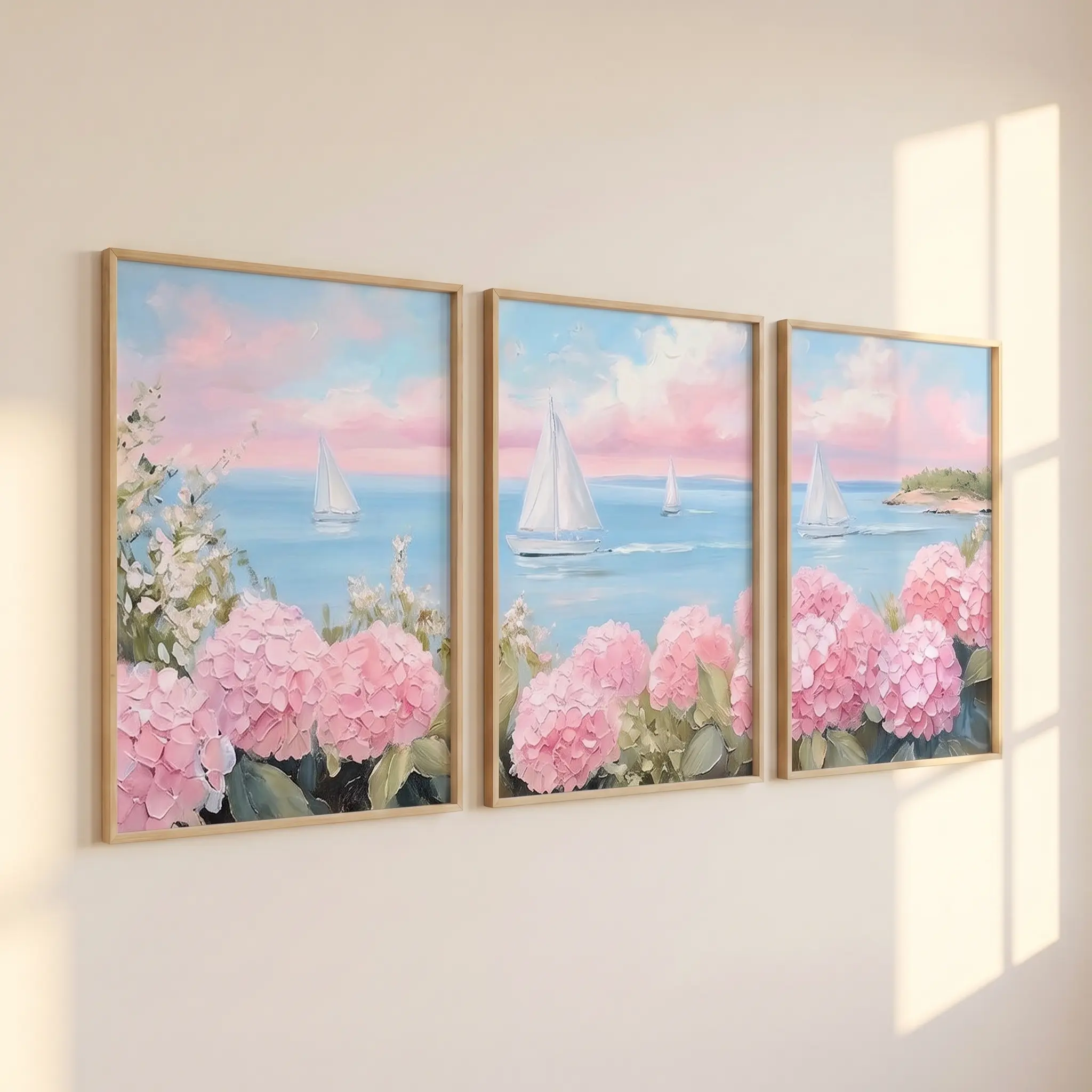 Set of 3 Pink Hydrangea Coastal Wall Art Poster, Sailboat Ocean Landscape Art Print, Pastel Beach Decor, Unframed Living Room Art