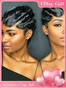 Short Wigs for Women, Human Hair Ocean Finger Wave Pixie Cut, Glueless Costume Wig, Layered Brazilian Virgin