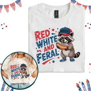 Red White And Feral Shirt, Funny Patriotic Raccoon Tee, Merica Hat Raccoon Hot Dog Shirt, 4th of July USA Meme Graphic