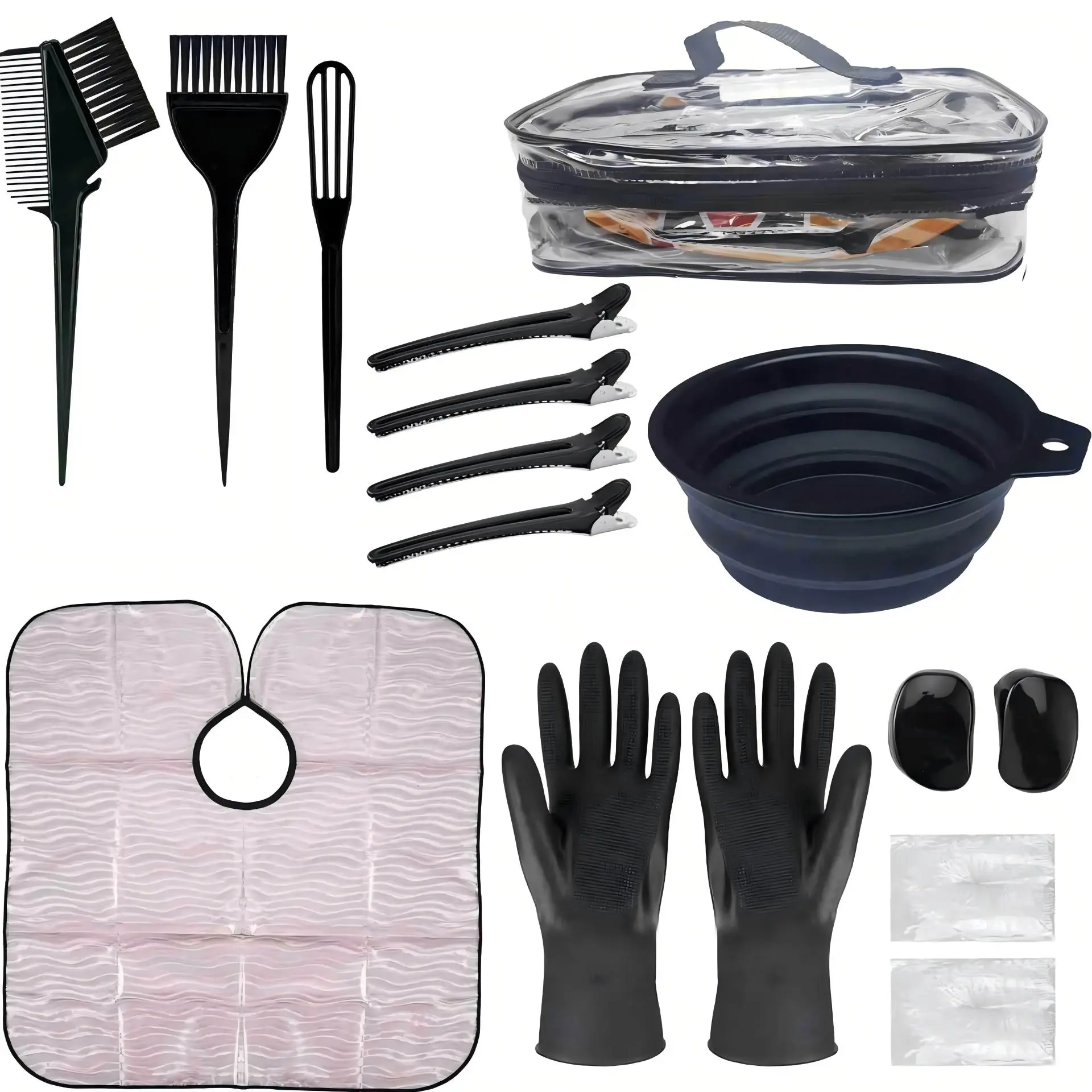 Unisex 16-Piece At-Home One-Size Hair Dye Kit with Reusable Brush - Bowl, Comb, Clips, Gloves, Disposable Shower Cap for Easy Bleach Mixing & Application (Black)