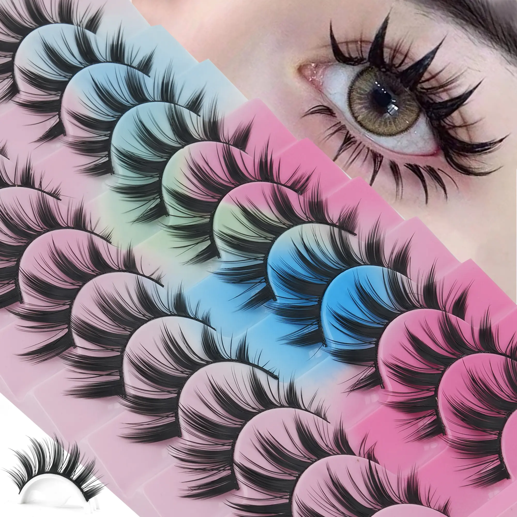 Anime Spiky Manga False Eyelashes, 10 Pairs Wispy Fluffy Bambi Eye Lashes, 8-15mm Mixed Length Spiky Cluster Strip Lashes with Thin Cotton Band, Natural Wispy Cosplay Cartoon Eye Lashes for Sweet Anime Makeup