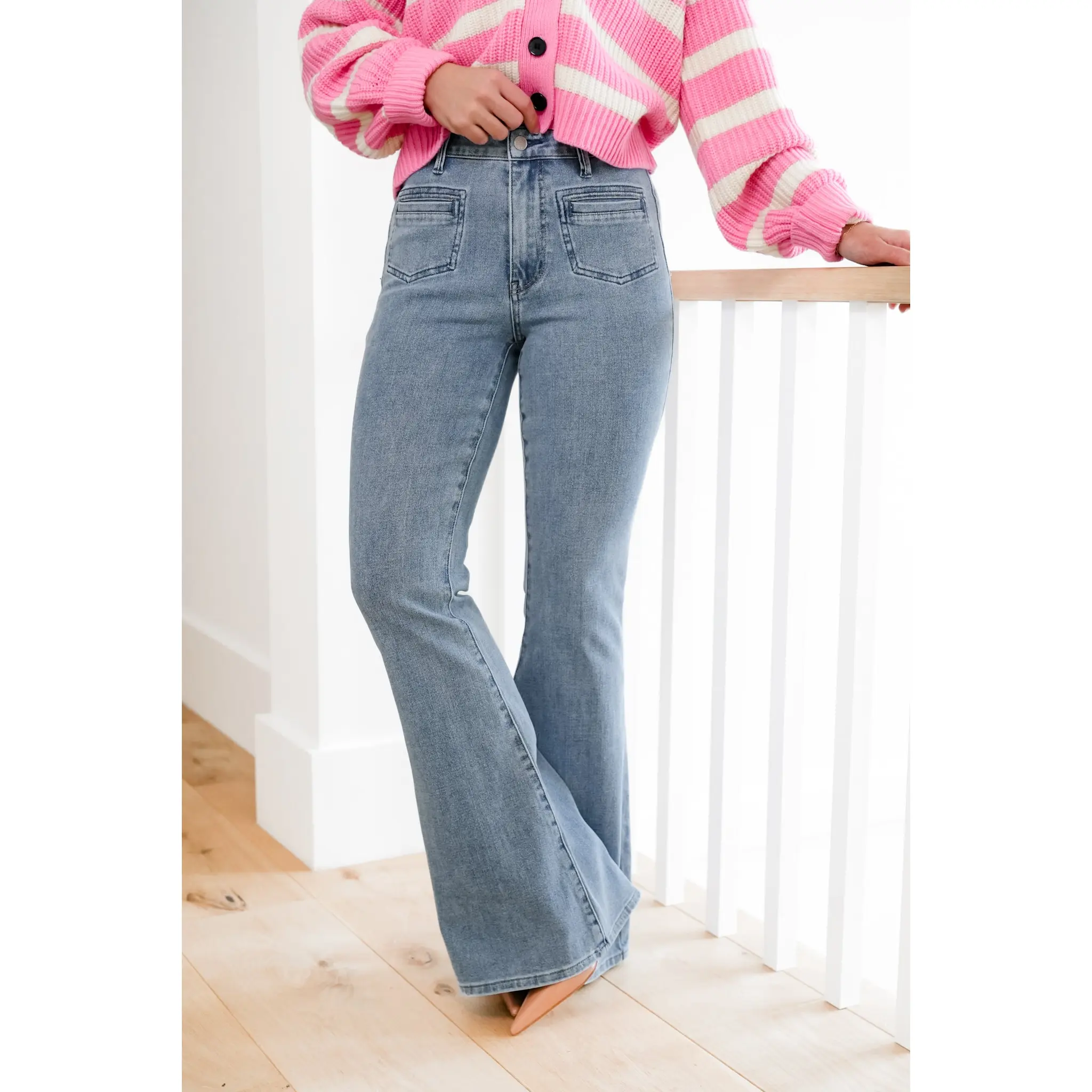 Judy Blue High Rise Medium Wash Flare Jeans with Front Patch Pockets