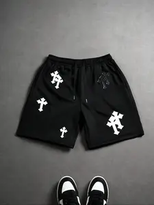 Men's Summer Casual Loose-Fit Shorts, Graphic Print Cross Pattern, Breathable & Versatile Five-Quarter Pants for Sports & Daily Wear, Breathable Printed Shorts