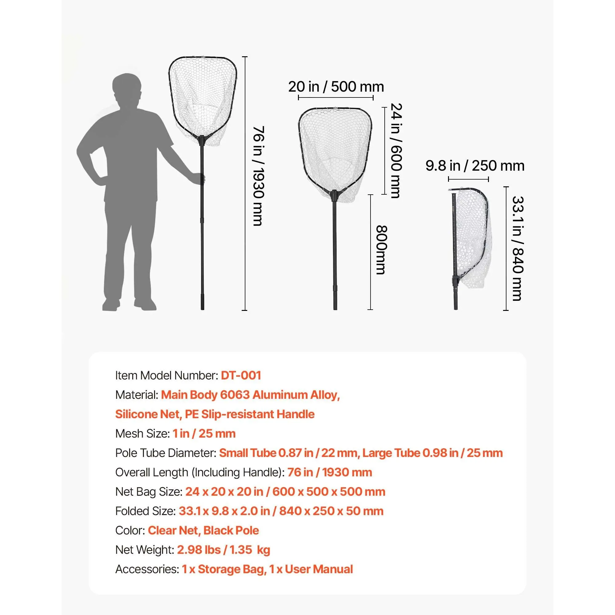 fathersdaygift VEVOR Fishing Net, Foldable Landing Nets with Telescopic  Handle and Built in Length Scale, Lightweight