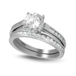 Victoria 2 Ct Wedding Ring Set for Women by Ginger Lyne | Sterling Silver Solitaire Engagement Ring Matching Anniversary Band for Her | Hearts and Arrows Cubic Zirconia Bridal Jewelry