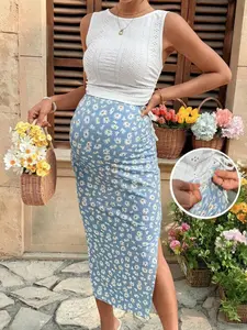 MaterniRIO Maternity Vacation Embroidery Vest And Adjustable Waist Daisy Print Fitted 2 Pieces Set