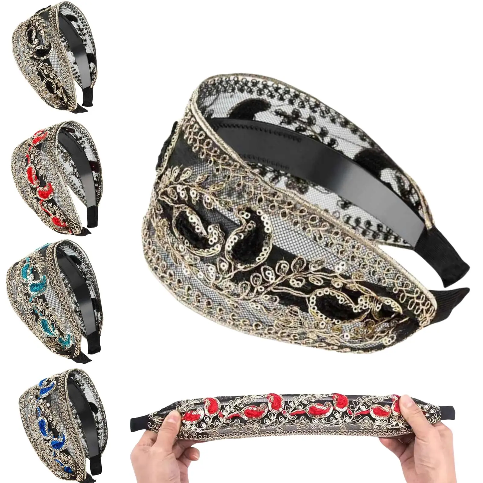 Luxury Floral Embroidered Headband for Women - Sparkly Rhinestone Hair Accessory with Non-Slip Grip, Elegant Wide Headwrap Turban for Weddings, Parties, Special Occasions Diamond Snake