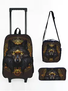 17-inch Rolling Backpack Set with Constellation Wolf Pattern Print, Casual Daypack