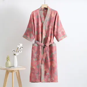 100% Cotton Double Gauze Bathrobe Three Quarter Sleeve With Waist Belt