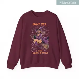 Funny Witch Graphic Witch Riding Broom Sweatshirt Unisex Halloween Sweater, .