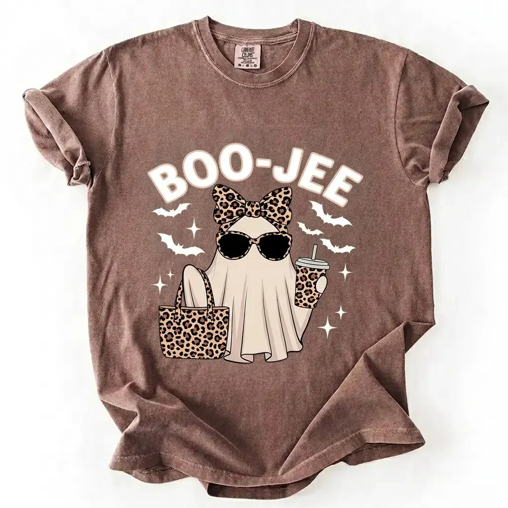 Boojee Ghost T-Shirt Cute Leopard Print Halloween Tee Coffee Lover Spooky Season Shirt Girly Aestheti for Men & Women Birthday Denim